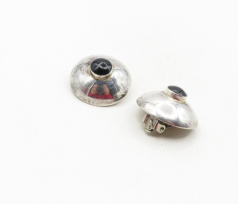 MEXICO 925 Silver  Vintage Black Onyx Shiny Dome Non Pierce Earrings  EG4792
