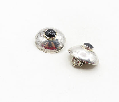 MEXICO 925 Silver  Vintage Black Onyx Shiny Dome Non Pierce Earrings  EG4792