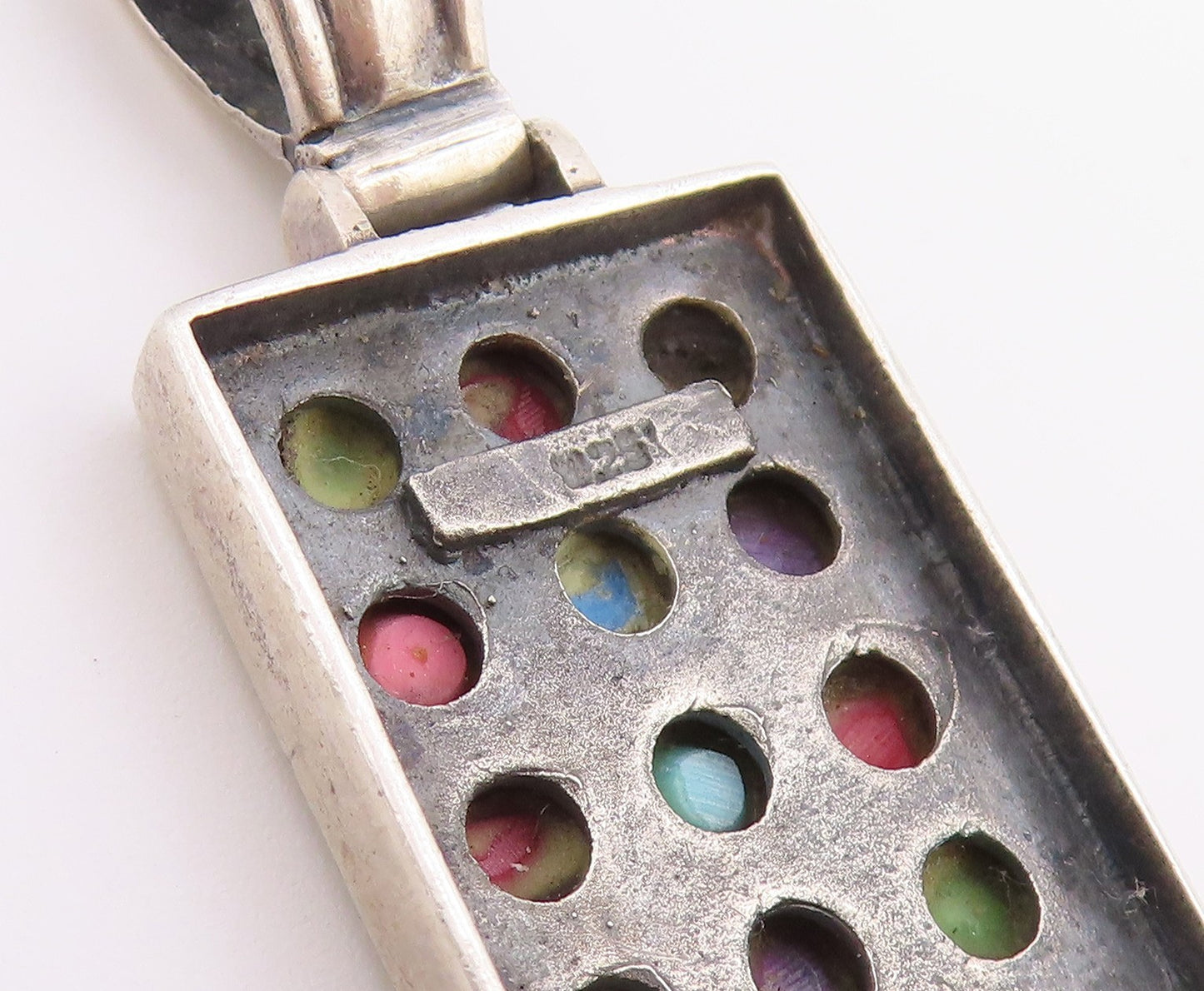 925 Sterling Silver Vintage Pendant Multi Gemstone Geometric Grid Charm  PT26526