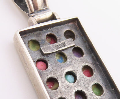 925 Sterling Silver Vintage Pendant Multi Gemstone Geometric Grid Charm  PT26526