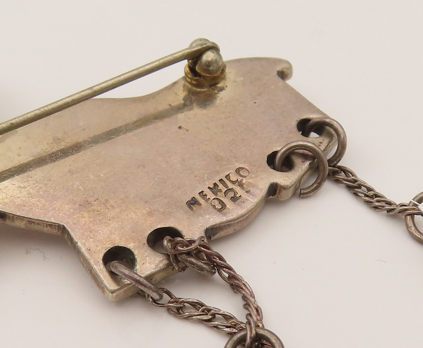 MEXICO 925 Silver  Vintage Two Tone Animal Dangle Chain Brooch Pin  BP10235