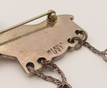 MEXICO 925 Silver  Vintage Two Tone Animal Dangle Chain Brooch Pin  BP10235