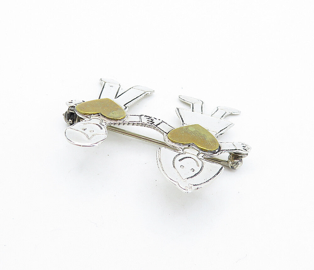 MEXICO 925 Sterling Silver  Vintage 2 Tone Love Heart Couple Brooch Pin BP2745