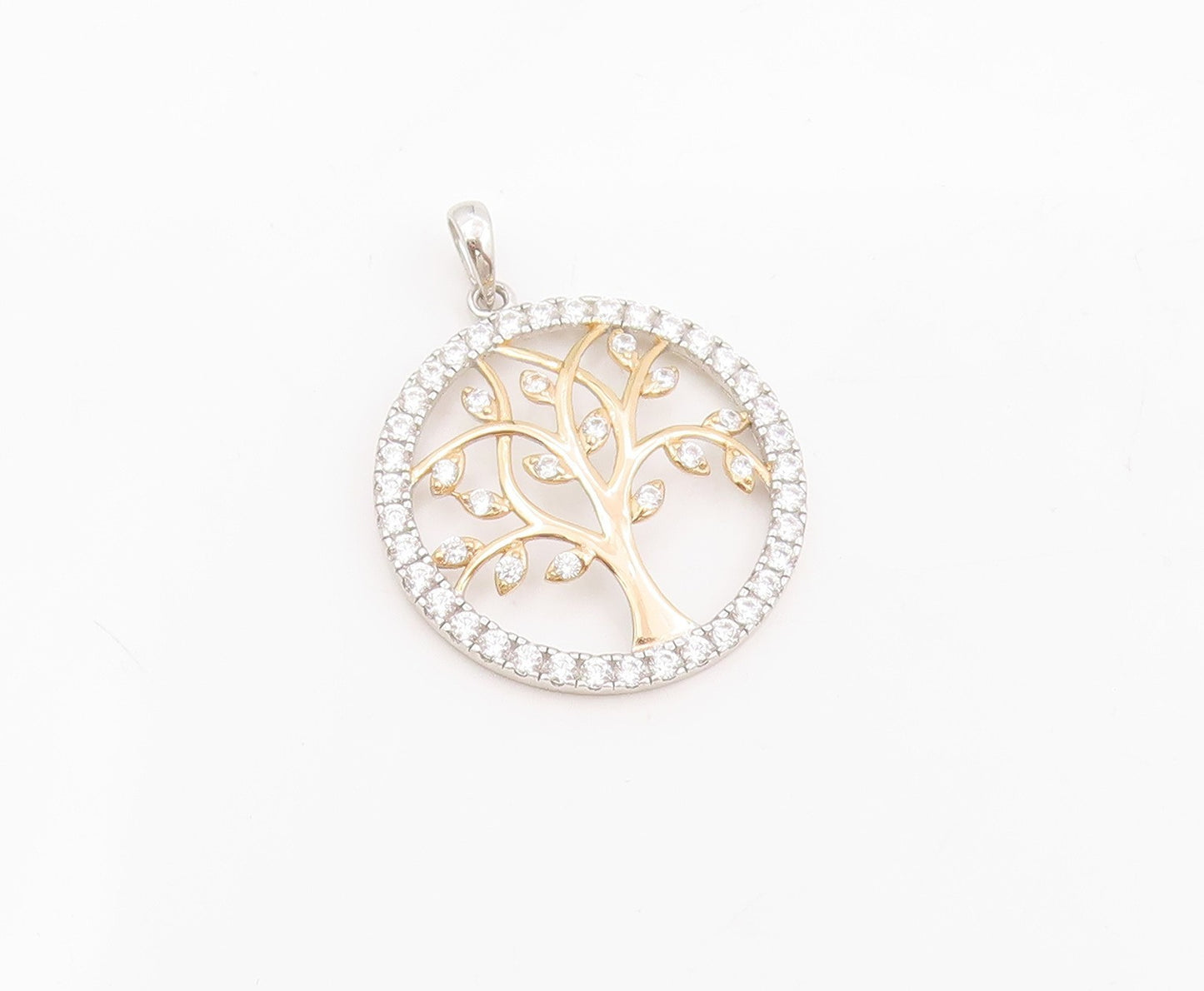 925 Sterling Silver Vintage Pendant CZ Two Tone Tree Of Life Medallion  PT25537
