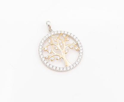 925 Sterling Silver Vintage Pendant CZ Two Tone Tree Of Life Medallion  PT25537
