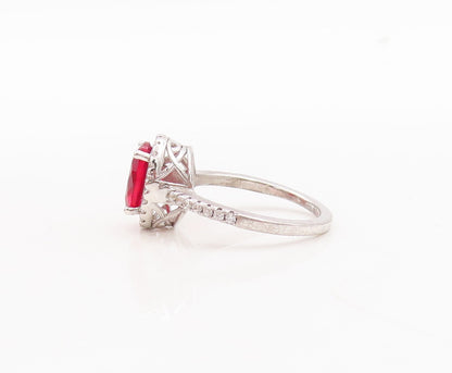 925 Sterling Silver Vintage Ring Oval Cut Red Halo White CZ  Sz 6  RG29759