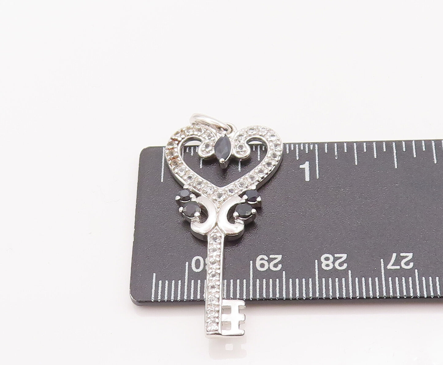 925 Sterling Silver Vintage Pendant Carved Topaz & Sapphire Inlay Key  PT22643