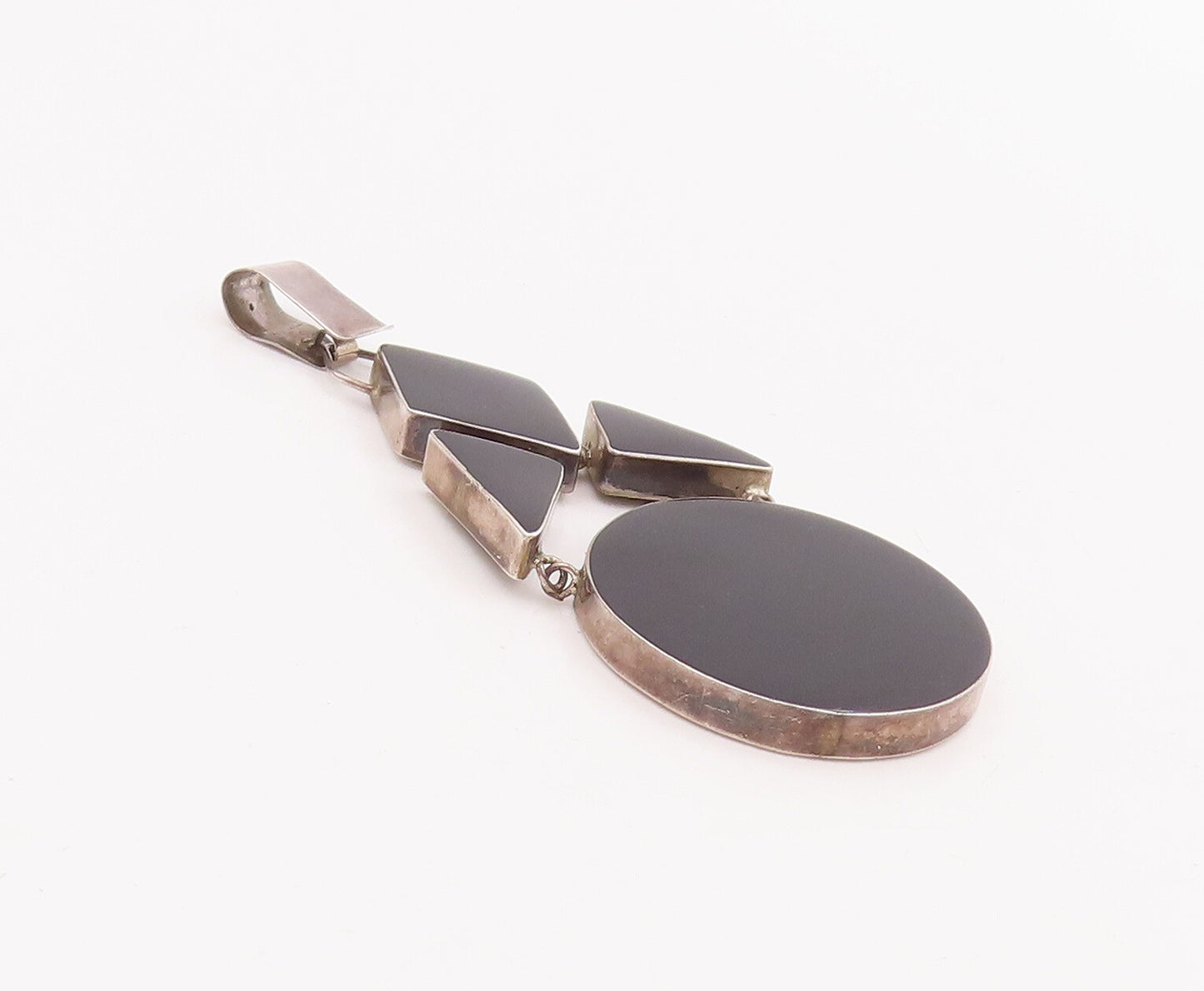925 Sterling Silver Vintage Pendant Geometrical Shapes Cutout Inlay Onyx PT22840