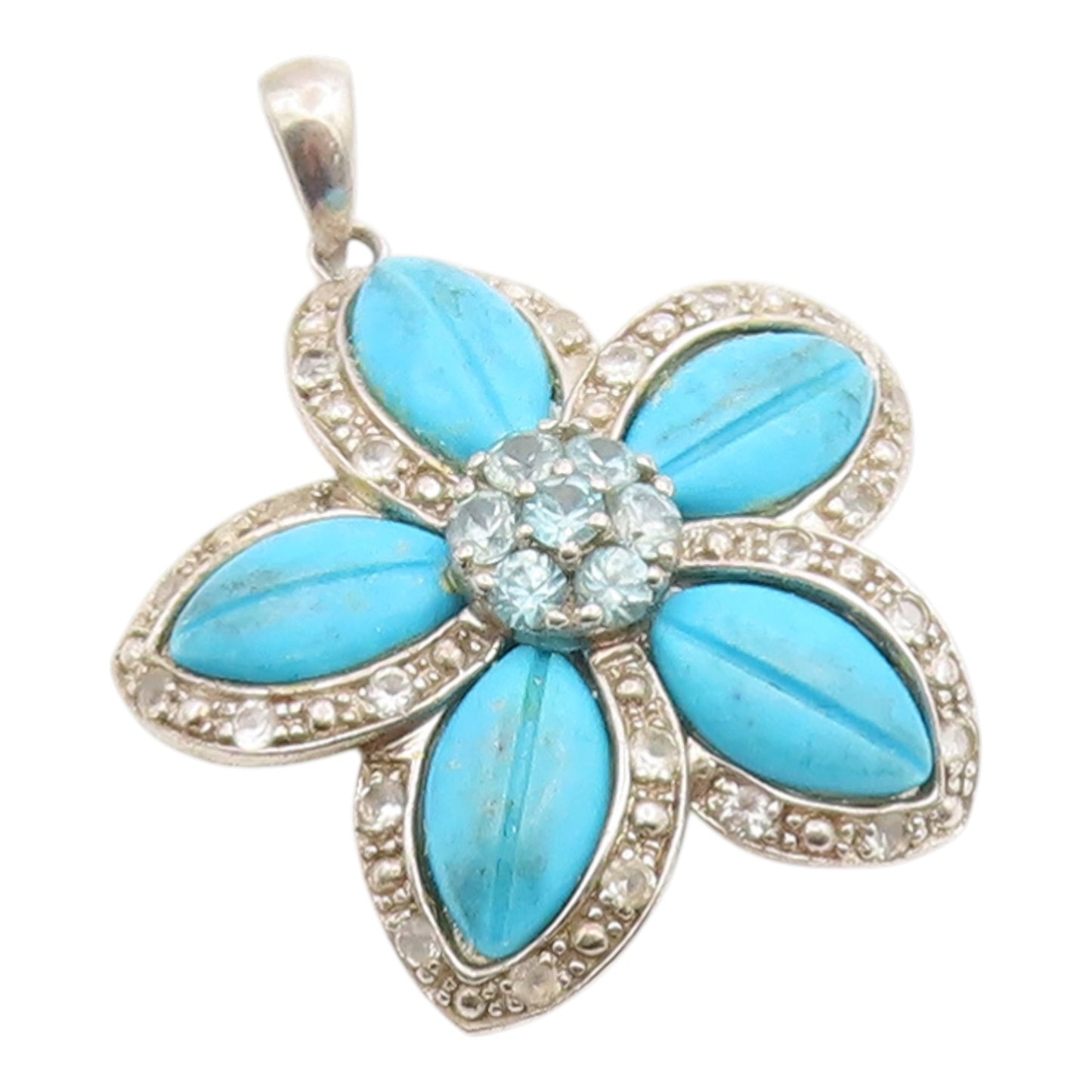 925 Sterling Silver Vintage Pendant Turquoise & Blue Topaz Floral Petal  PT26109