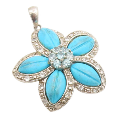 925 Sterling Silver Vintage Pendant Turquoise & Blue Topaz Floral Petal  PT26109