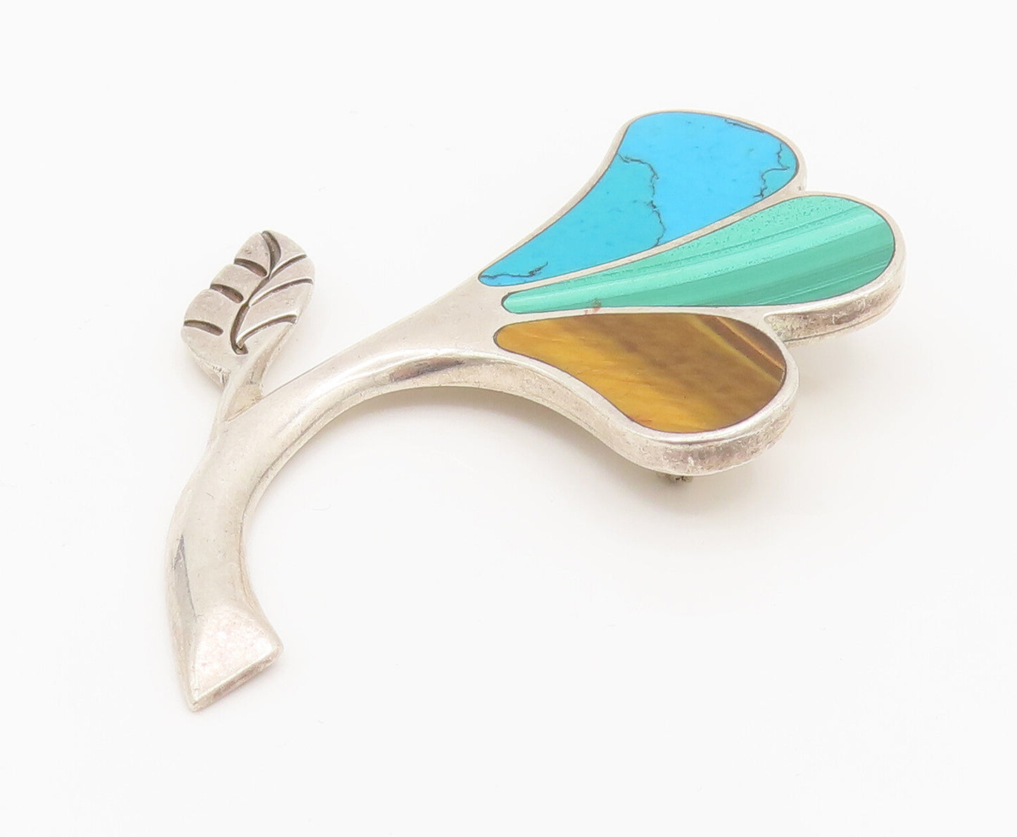 MEXICO 925 Silver  Vintage Tigers Eye Turquoise & Malachite Brooch Pin BP10142