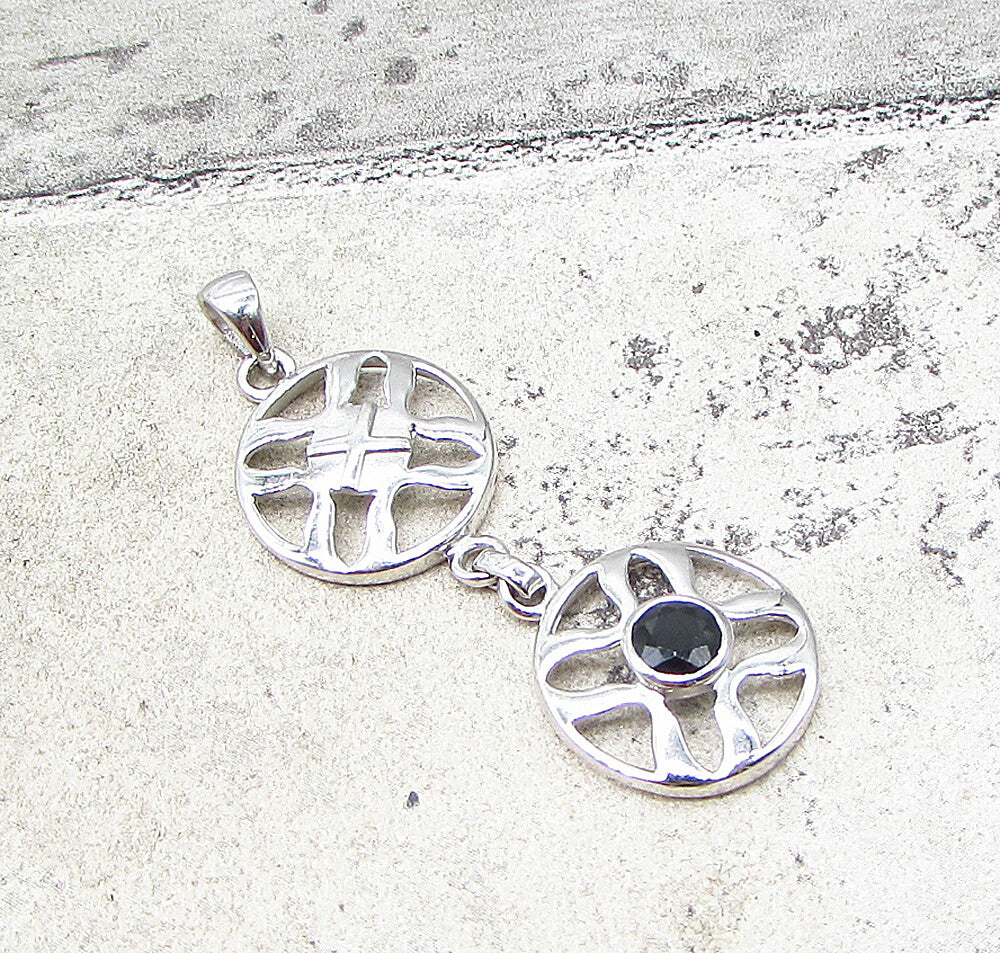 925 Sterling Silver  Faceted Sapphire Linked Cross Wheels Drop Pendant  PT1531