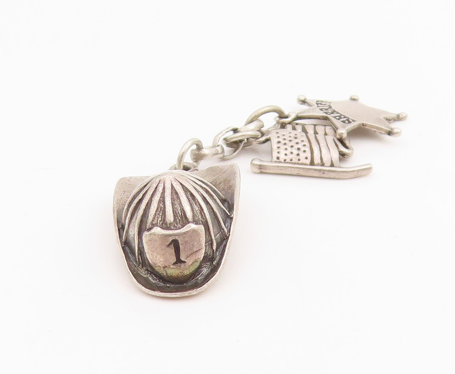925 Sterling Silver Vintage Pendant Sheriff Badge Hat & US Flag Dangle   PT25178