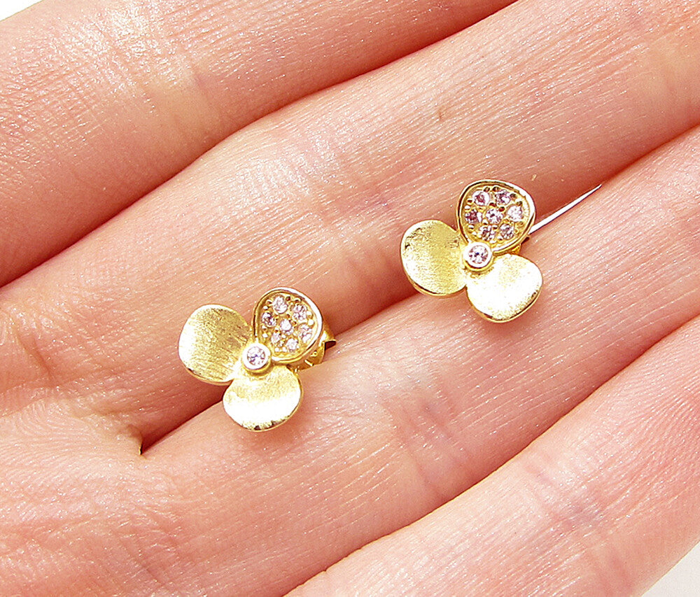 Gold Over 925 Sterling Silver White Cubic Zirconia Floral Stud Earrings EG1444