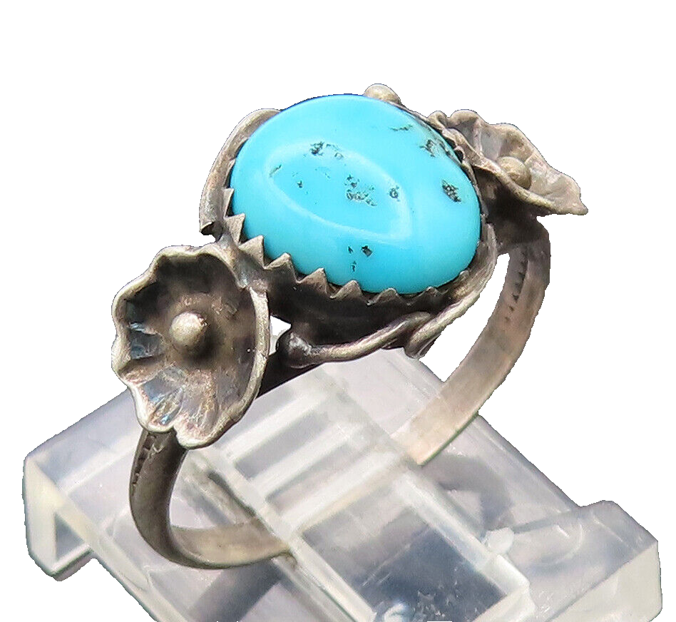 NAVAJO 925 Silver  Vintage Two Side Carved Flower Turquoise Ring Sz 7  RG27349