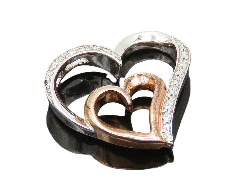 925 Sterling Silver & 14K GOLD  Genuine Diamonds Love Hearts Pendant  PT14769