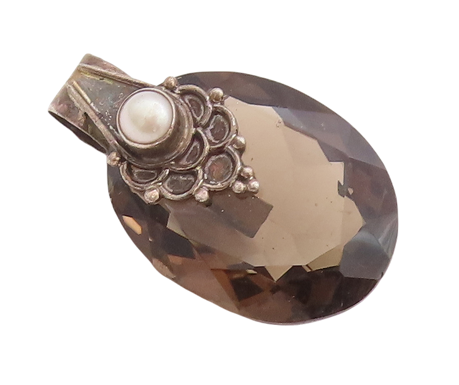 925 Sterling Silver Vintage Pendant Large Oval Smokey Quartz & Pearl  PT23345