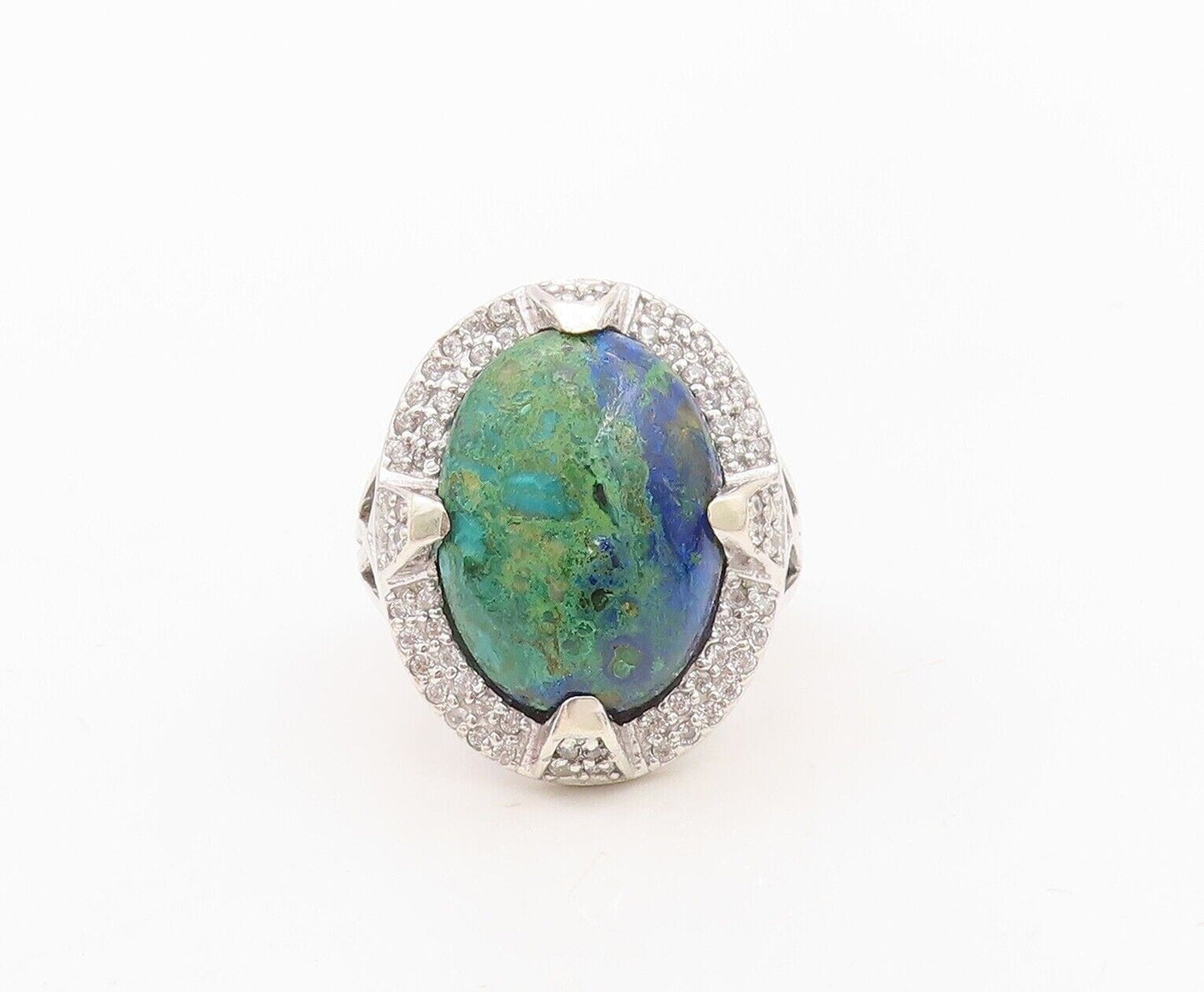 925 Sterling Silver Vintage Ring Oval Cabochon Azurite Halo Topaz  Sz 7  RG30130