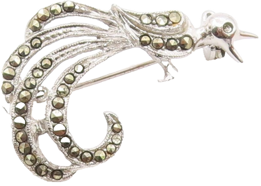 925 Sterling Silver  Vintage Marcasite Bird With Swirl Tail Brooch Pin  BP9577