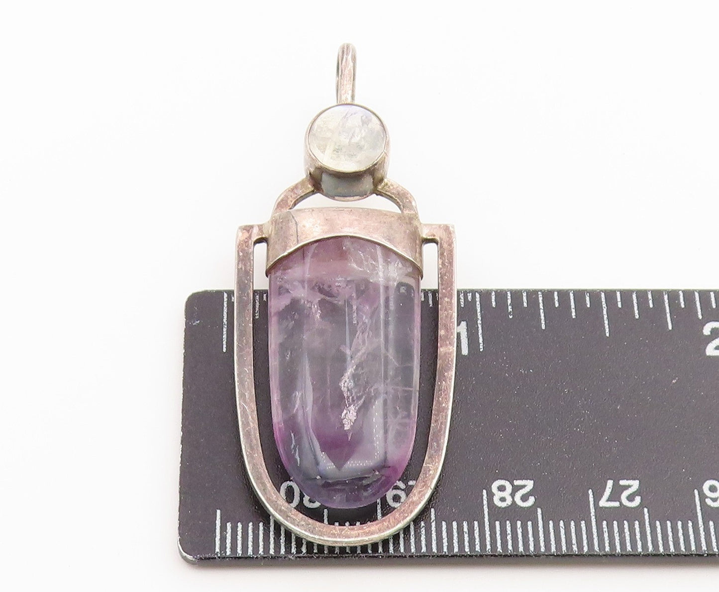 925 Sterling Silver Vintage Pendant Moonstone & Amethyst Quartz Drop  PT26662