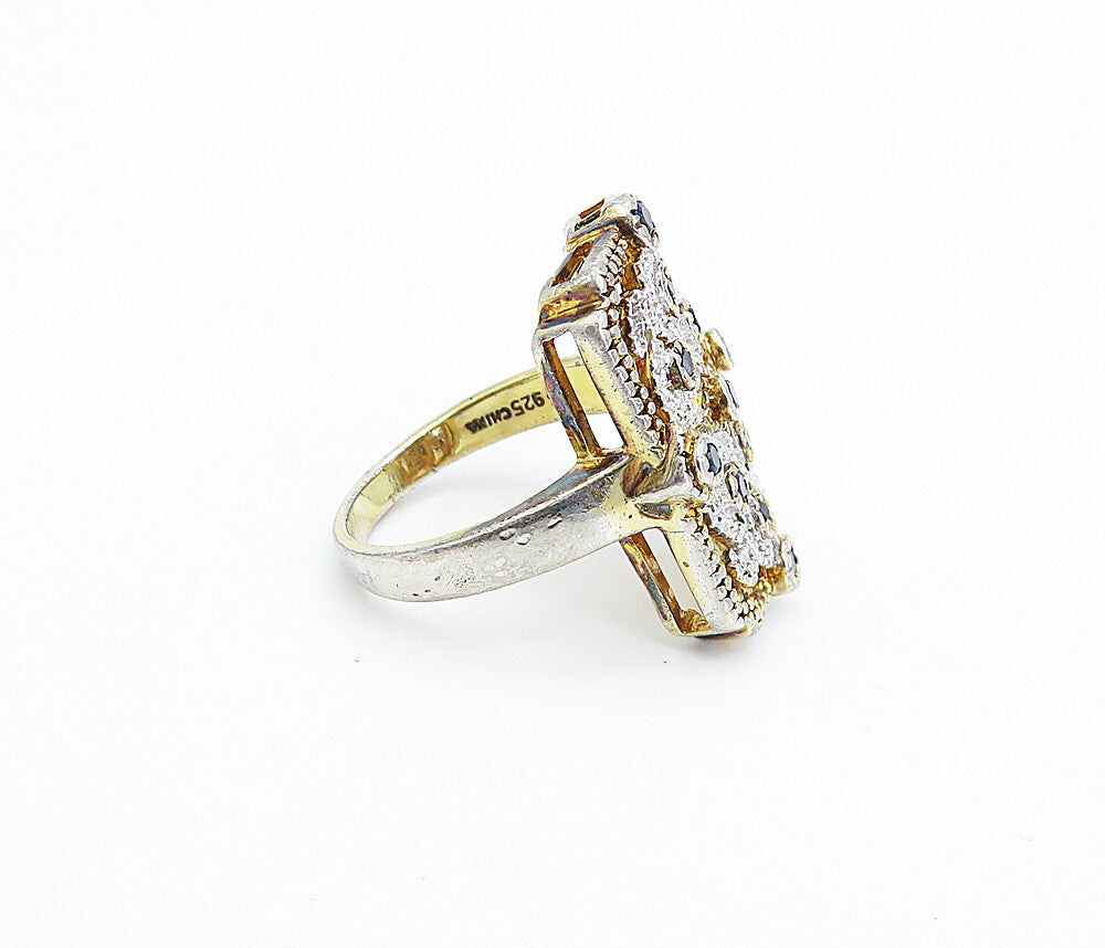 925 Silver  Vintage Blue Topaz Pretzel Swirl Square Cocktail Ring Sz 8  RG7169