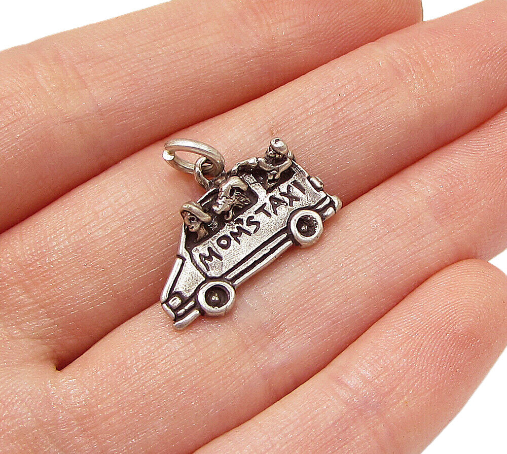 925 Sterling Silver  Vintage Carved Mom's Taxi Charm Pendant  PT1790