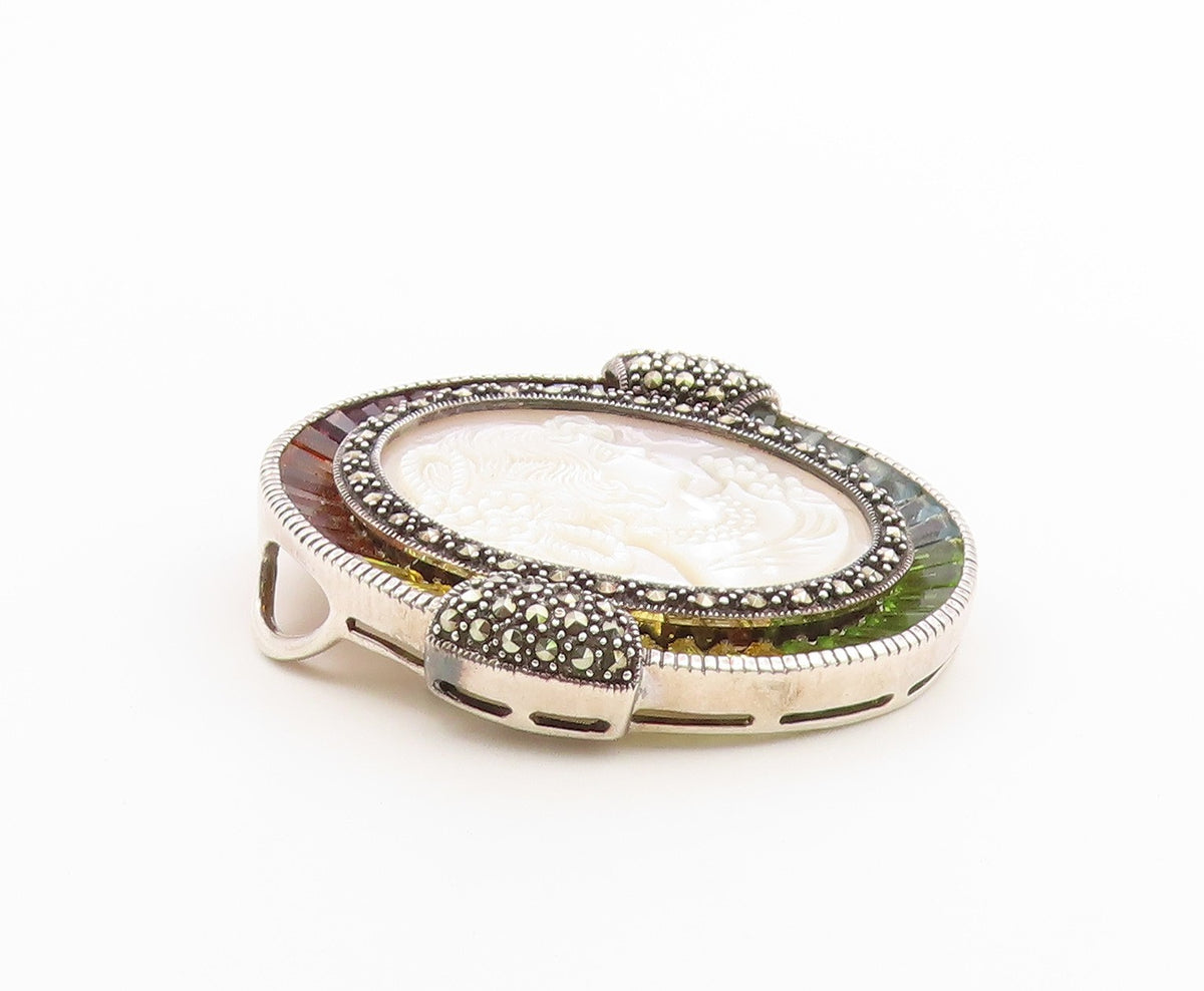 925 Sterling Silver Vintage Brooch Pin Multi Gemstone Cameo Portrait  BP12650