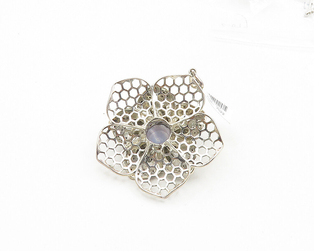 925 Sterling Silver  Vintage Blue Agate & Pink Topaz Flower Pendant  PT14857