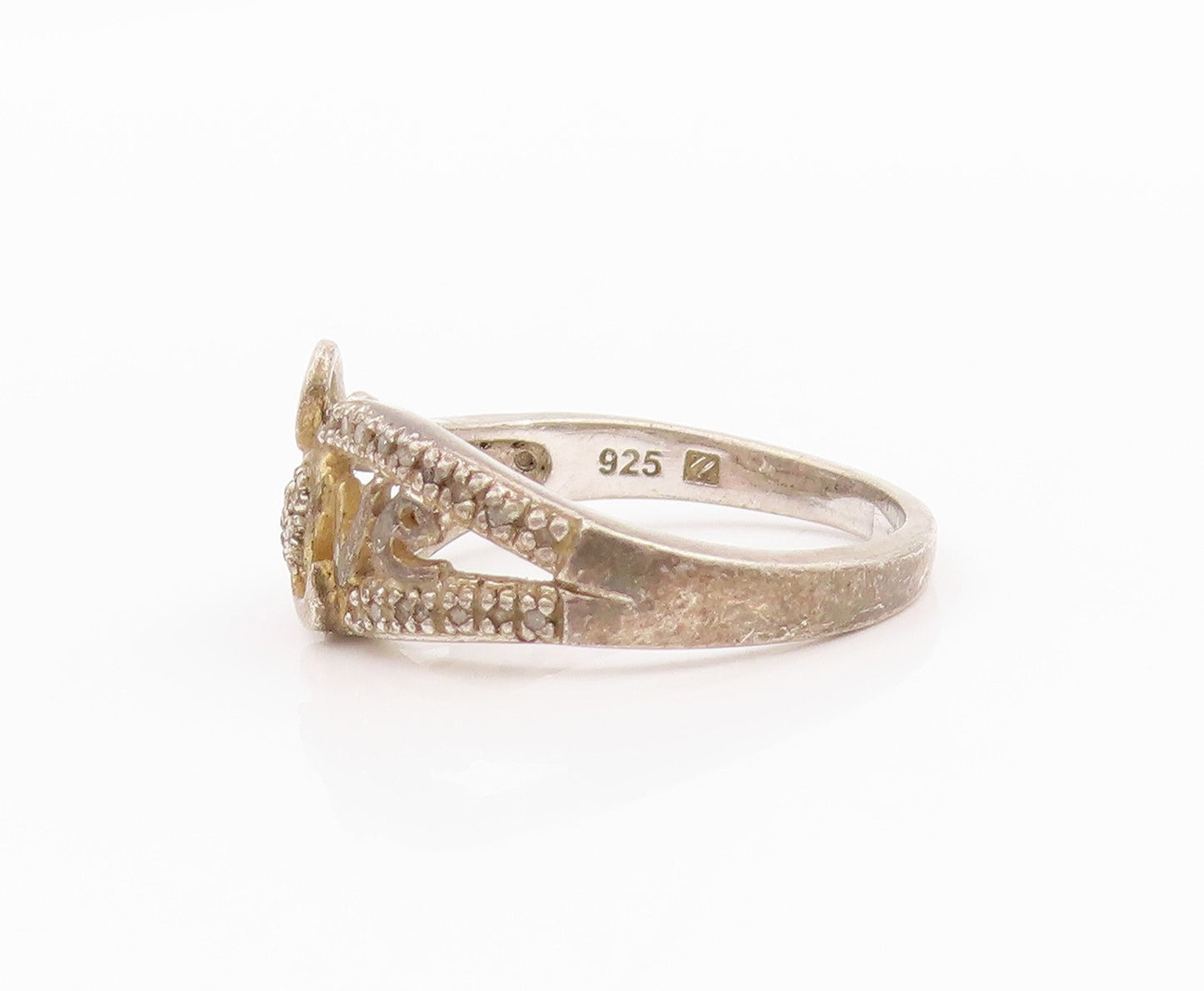 925 Sterling Silver Vintage Ring Diamonds Inlay Love Heart Cut  Sz 8  RG33232