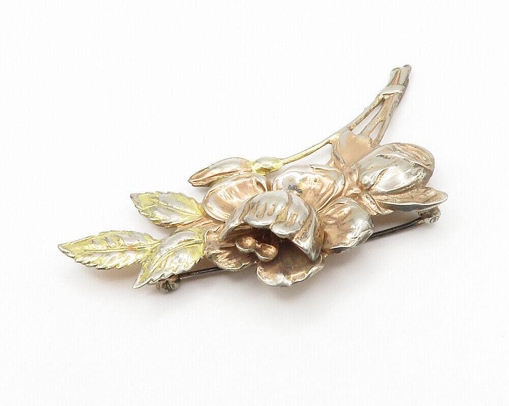 925 Sterling Silver  Vintage Shiny Tied Flowers Motif Brooch Pin  BP5629