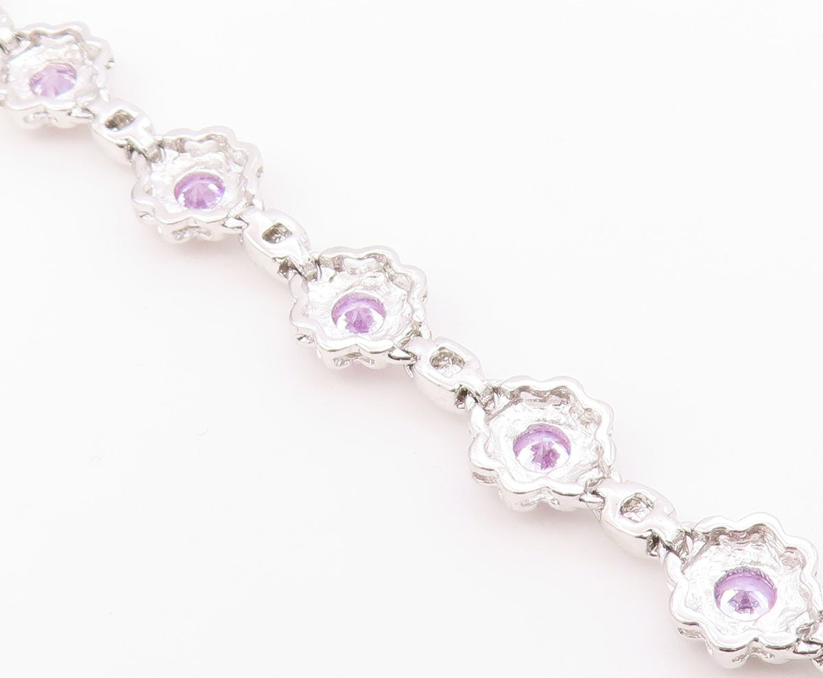 925 Sterling Silver  Shiny Purple Cubic Zirconia Floral Chain Bracelet  BT7364