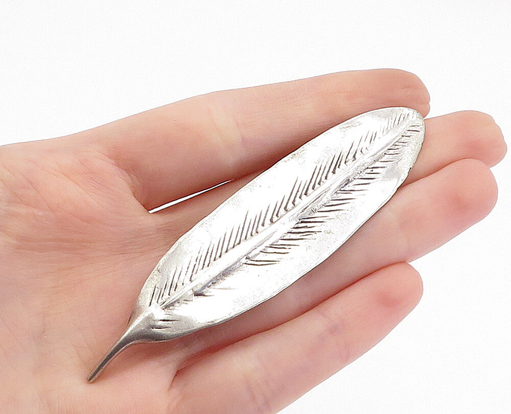 DANECRAFT 925 Silver  Vintage Etched Single Feather Motif Brooch Pin  BP1195