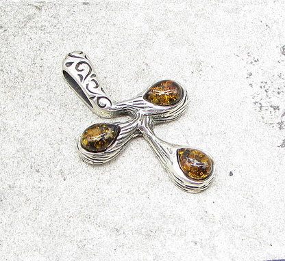 925 Sterling Silver  Cabochon Cut Amber Branch Style Cross Drop Pendant  PT1425