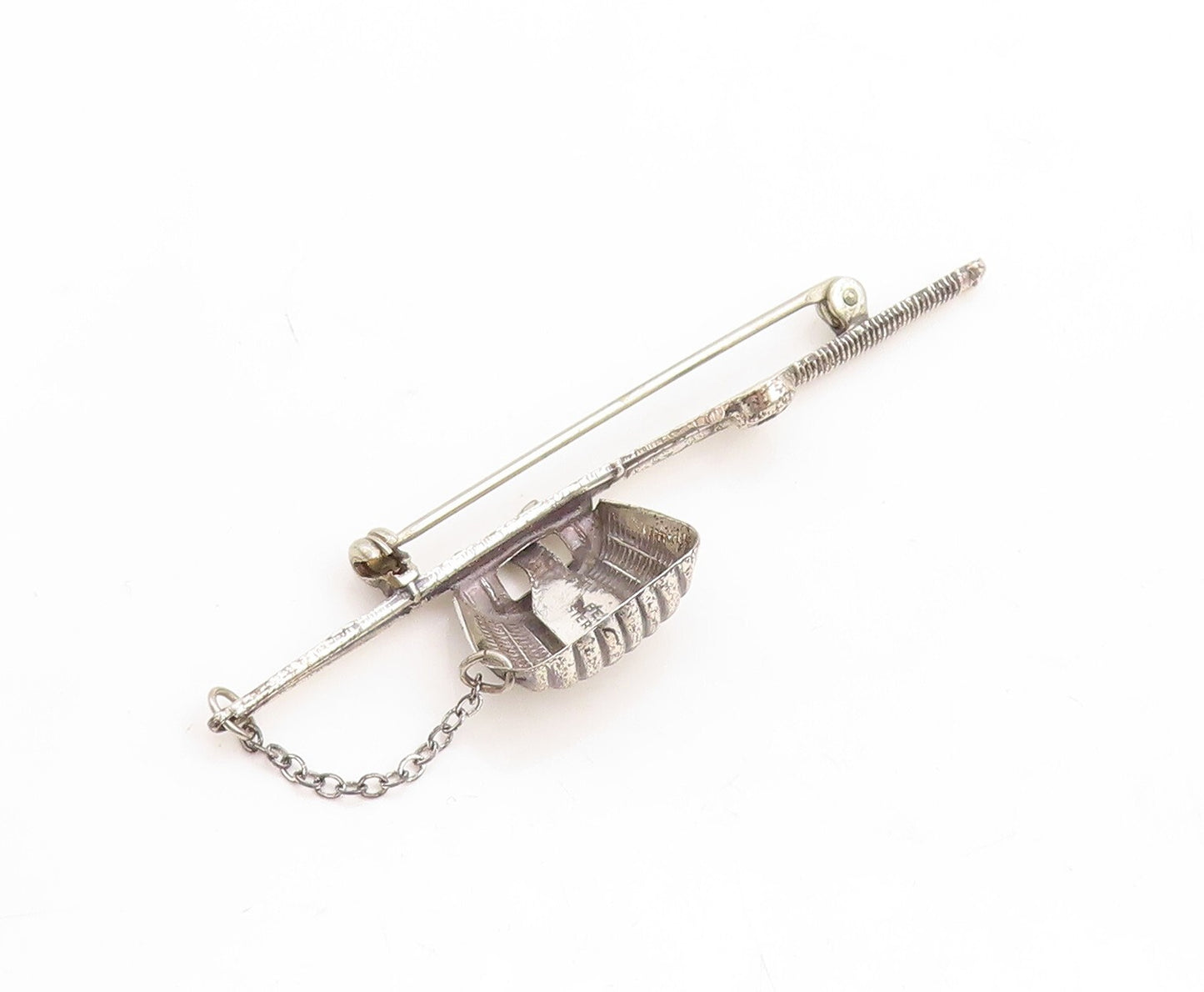 925 Sterling Silver Vintage Brooch Pin BEAU Carved Fishing Bag & Stick  BP11360