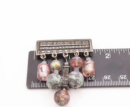 925 Sterling Silver Vintage Brooch Pin Carved Plate & Dangling Beads  BP10822