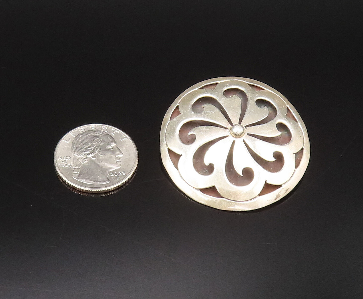 MEXICO 925 Silver  Vintage Carved Floral Spiral Pinwheel Brooch Pin  BP10089