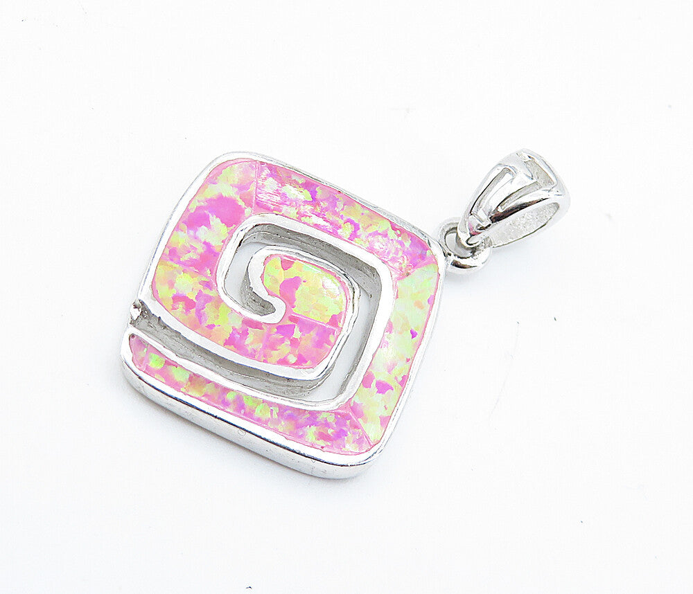 925 Sterling Silver  Inlaid Pink Fire Opal Shiny Spiral Design Pendant  PT6026