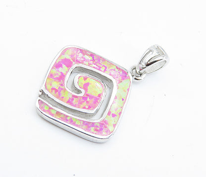 925 Sterling Silver  Inlaid Pink Fire Opal Shiny Spiral Design Pendant  PT6026