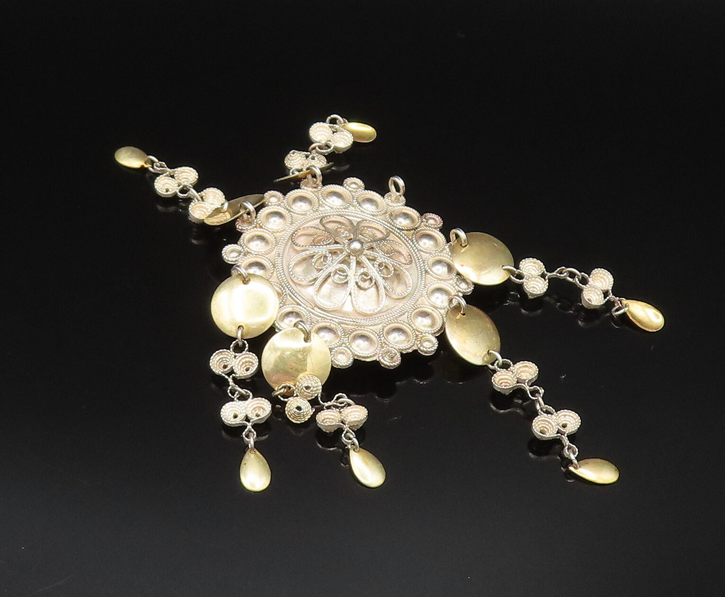 NORWAY 925 Silver  Vintage Two Tone Beaded Floral Disc Brooch Pin  BP9670