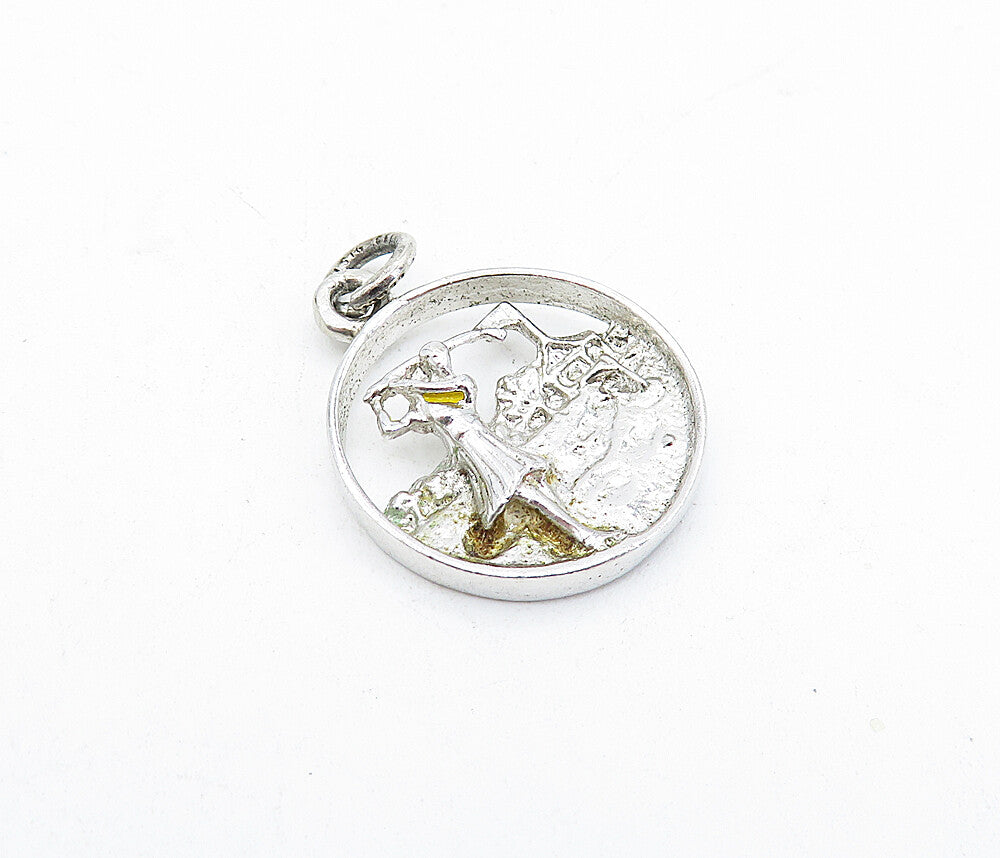 925 Sterling Silver  Vintage Petite Shiny Golfing Woman Round Pendant  PT2862