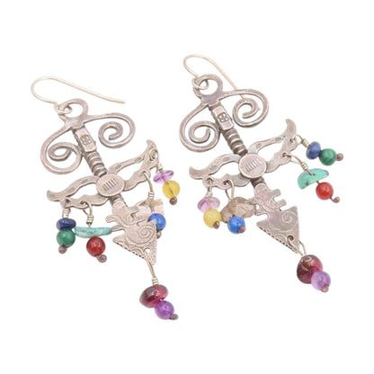 925 Sterling Silver Vintage Earrings Multi Gemstone Tribal Sword Dangle  EG14002