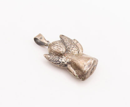 925 Sterling Silver Vintage Pendant Puffed Carved Baby Angel With Wings  PT23274