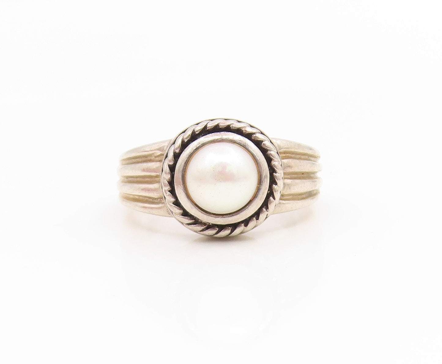 925 Sterling Silver Vintage Ring Pearl Ribbed Twisted Rope Band  Sz 8  RG35146