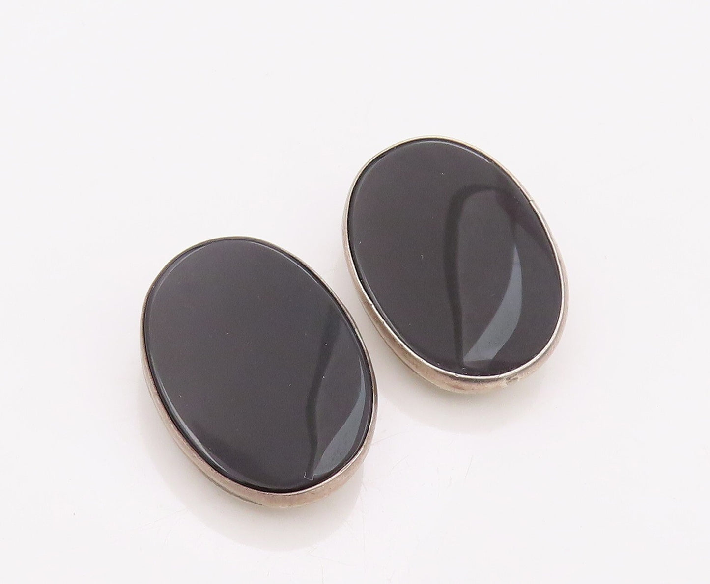 925 Sterling Silver Vintage Earrings NEX NAVAJO Large Oval Onyx  EG13426