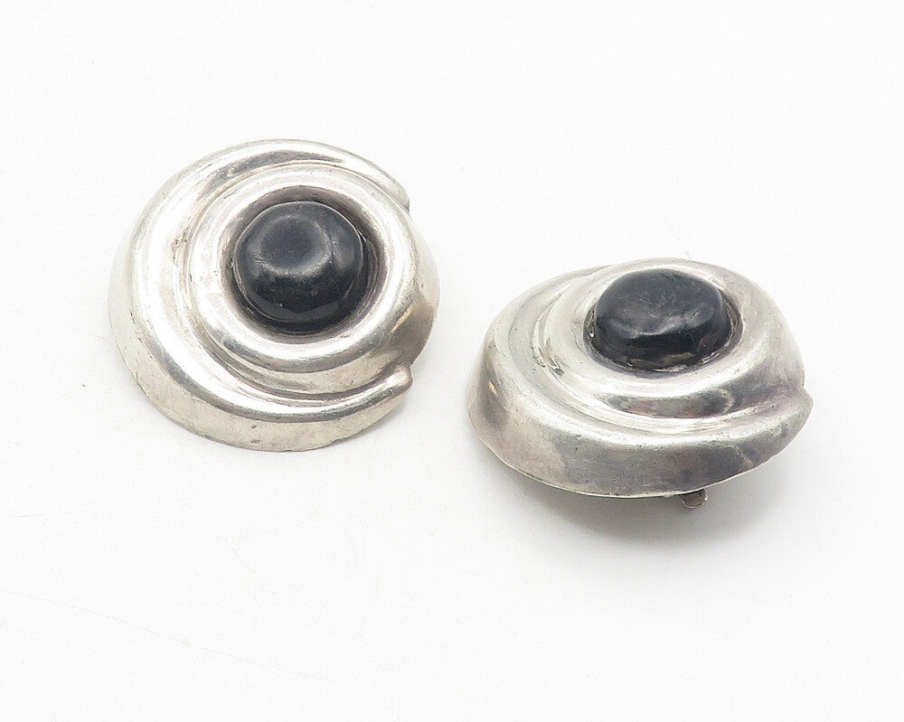 MEXICO 925 Silver  Vintage Black Onyx Round Swirl Non Pierce Earrings  EG6052