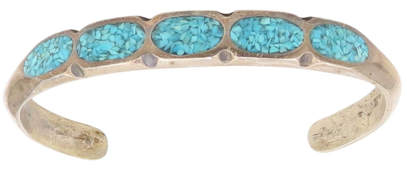 925 Sterling Silver Vintage Bracelet NAVAJO ZUNI Crushed Turquoise Inlay BT11618