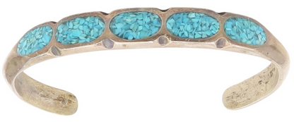 925 Sterling Silver Vintage Bracelet NAVAJO ZUNI Crushed Turquoise Inlay BT11618