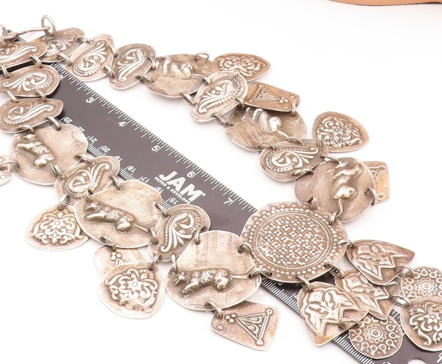 Solid Silver Vintage Necklace Swirly Floral & Animal Carved Linked NE4278