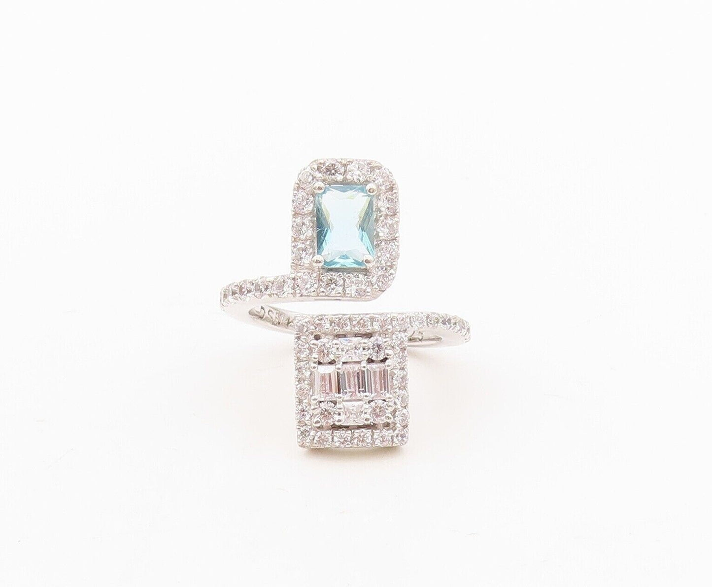 925 Sterling Silver Vintage Ring Designer Blue & White Topaz Bypass Sz 7 RG30462