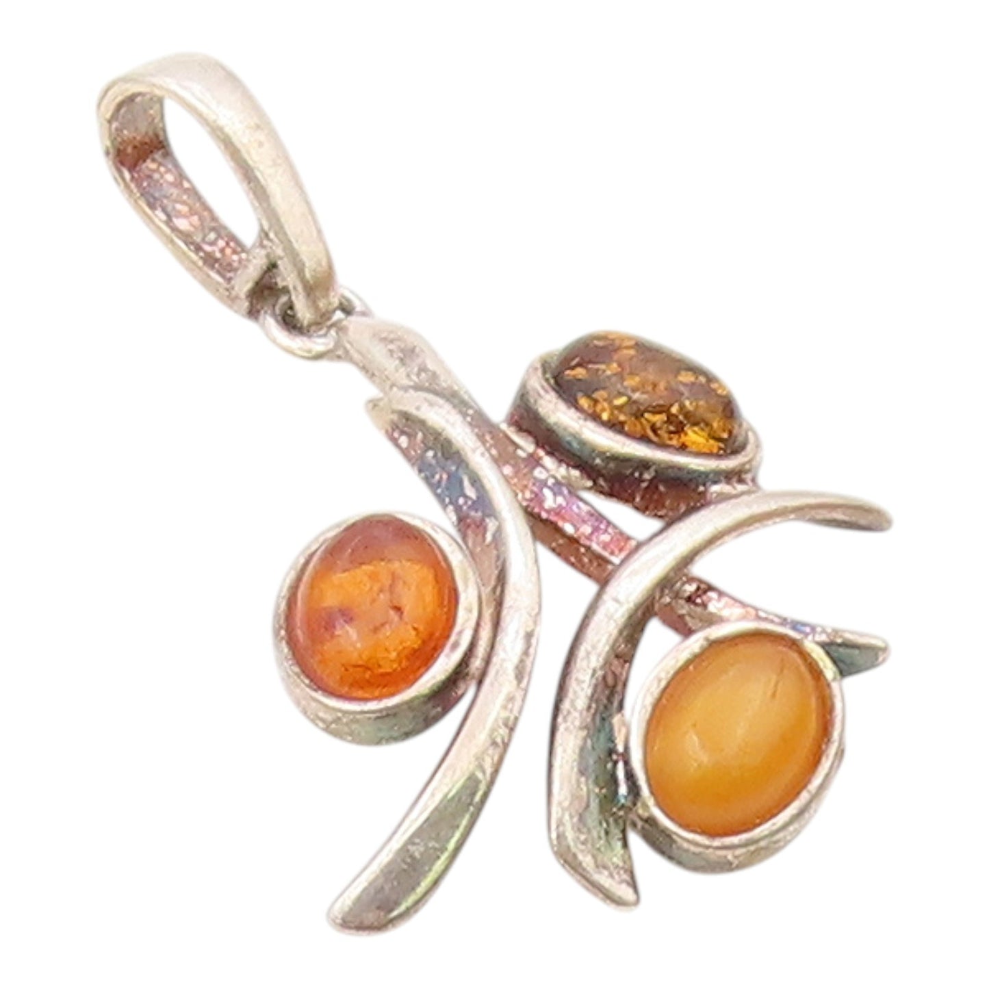 925 Sterling Silver  Vintage Cabochon Cut Amber 3 Stone Pendant  PT15701